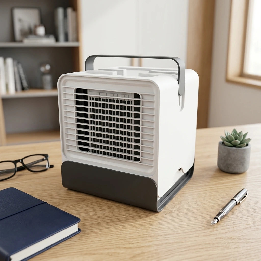 Small portable fan on a desk with a notebook, glasses, and plant in the background