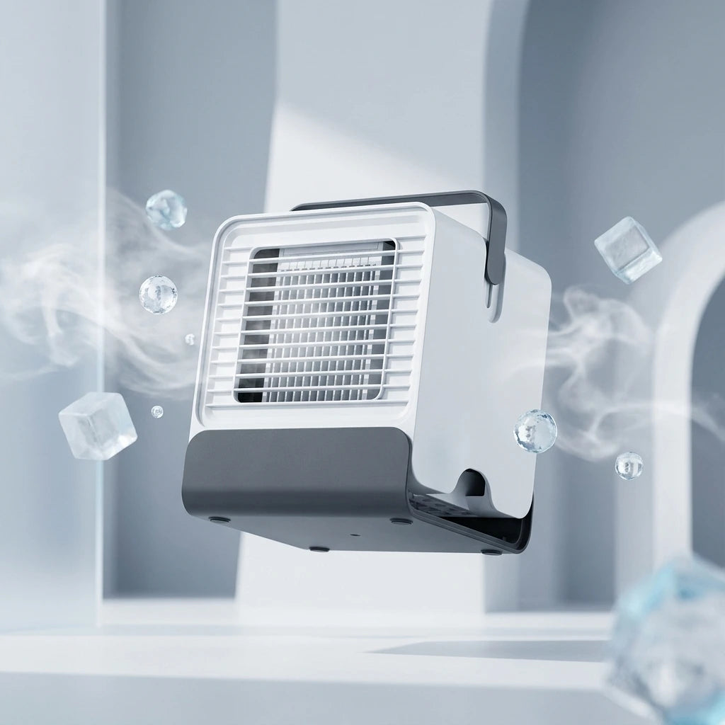 Portable air conditioner with ice cubes around it on a light gray background