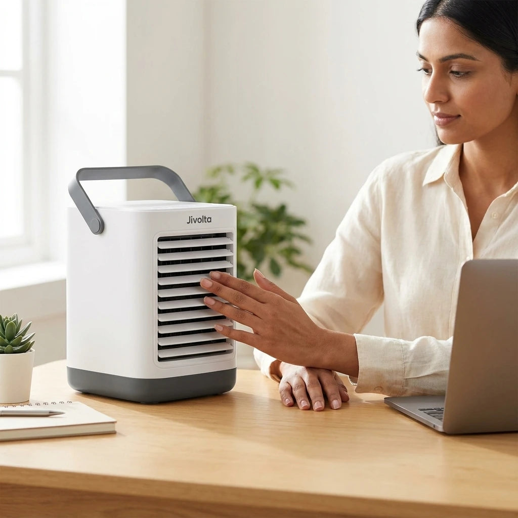 Woman using a Jivolta portable air conditioner at a desk with a laptop.